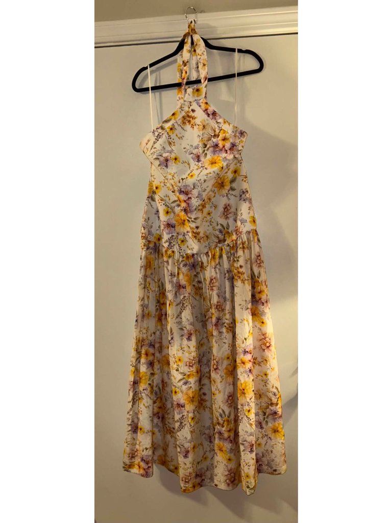 Nwt $450 Aqua Blu Lilas Tie Halter Floral Maxi Dress Yellow Multi Size Large — image 3 of 5